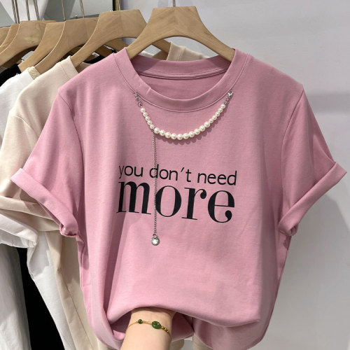 Beaded necklace pink short-sleeved t-shirt women's summer 2023 new design sense loose foreign gas shirt top