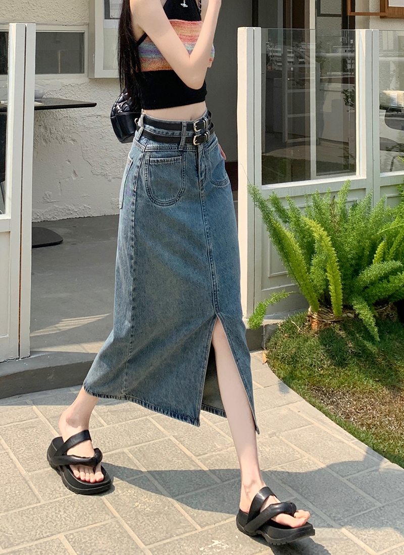 Real price 2023 summer new slit denim skirt women's double waist retro A-line long skirt!  gift belt
