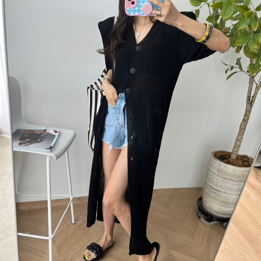 Ice silk lengthened V-neck button-up trendy shoulder pad short-sleeved sweater