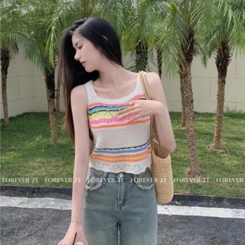  spring and summer rainbow striped knitted camisole women's summer new holiday style seaside top Bohemia