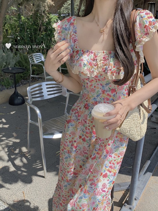 Oil painting girl floral square collar dress female slim slim seaside vacation casual long skirt girl