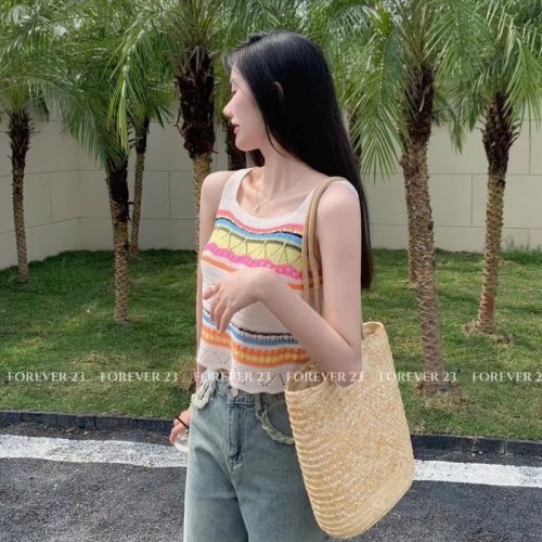  spring and summer rainbow striped knitted camisole women's summer new holiday style seaside top Bohemia