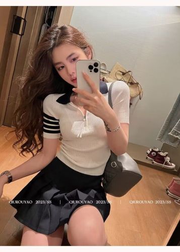 College style short-sleeved knitted sweater women's 2023 summer new fashion small polo shirt design niche tops