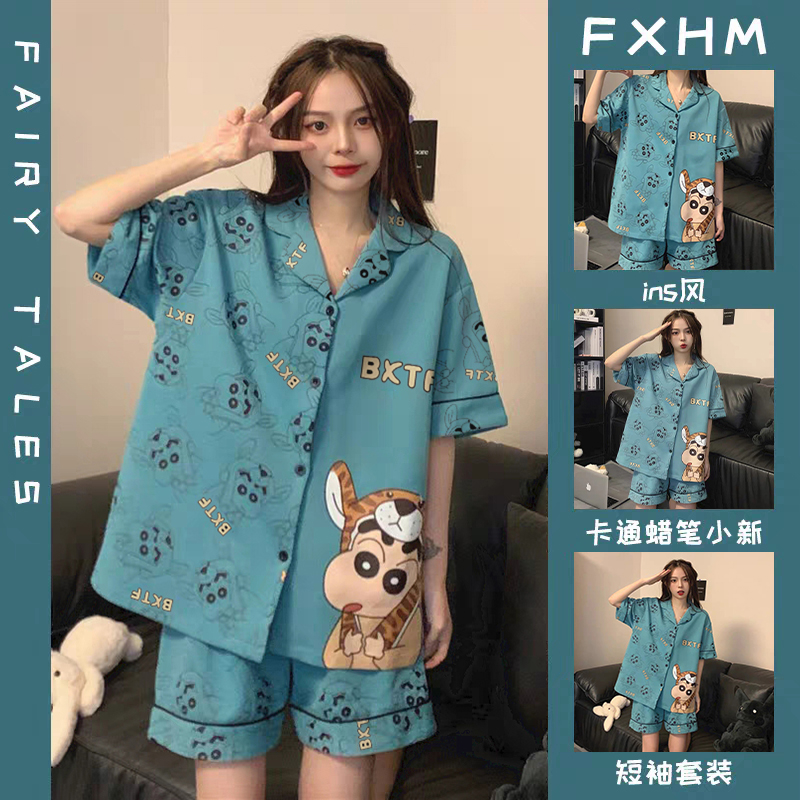 Summer new pajamas women's short-sleeved shorts lapel cardigan Japanese ins style suit home service