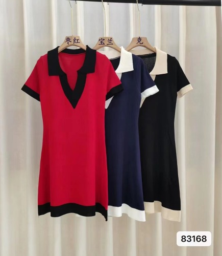 Real price  summer new Korean version of the college style flip V-neck contrast color slimming dress