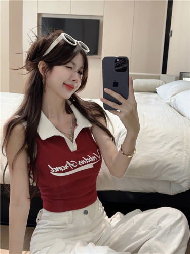 Real price real shot  summer new Polo collar niche design sense contrast color all-match T-shirt women's tops