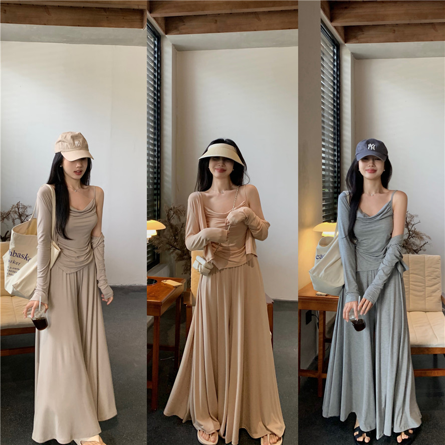 Real shot Summer lazy style all-match sunscreen suspenders trousers three-piece set