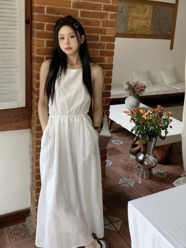 Real shot 2023 new summer drawstring waist embroidered solid color white skirt with one word collar vest dress