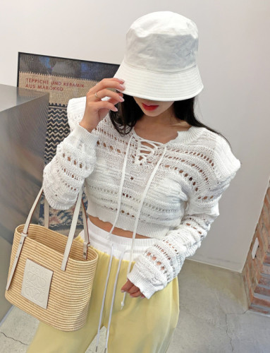 Shoulder Pad Cutout Cropped Lace-up Summer Knit Top