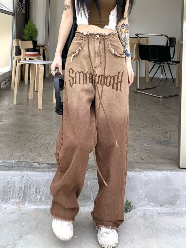Jeans American-style raw-edged straight jeans women's ins summer slimming mopping the floor retro personality wide-leg trousers trendy