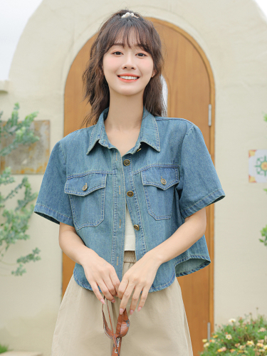 Real shot short-sleeved denim shirt jacket female loose short-sleeved lapel casual Korean shirt niche short top