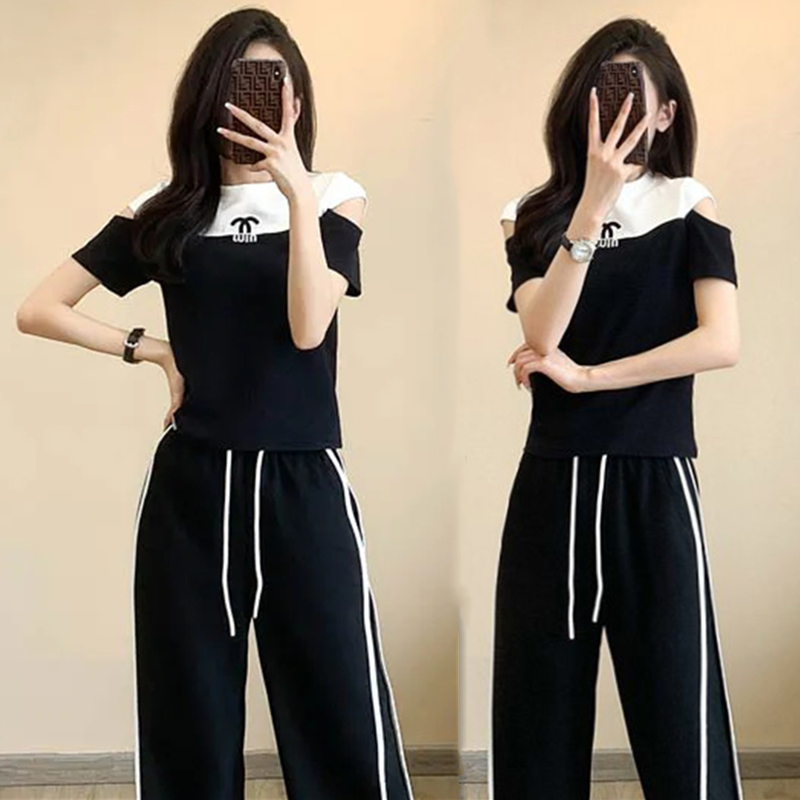 Summer Edition Fashion Wide Leg Pants Set Large Size Loose Ladies Casual Suit Nine Pants Two-piece Set