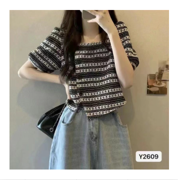 2023 summer new French retro square collar hollow hook flower side breasted cardigan top women