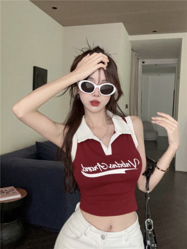 Real price real shot  summer new Polo collar niche design sense contrast color all-match T-shirt women's tops
