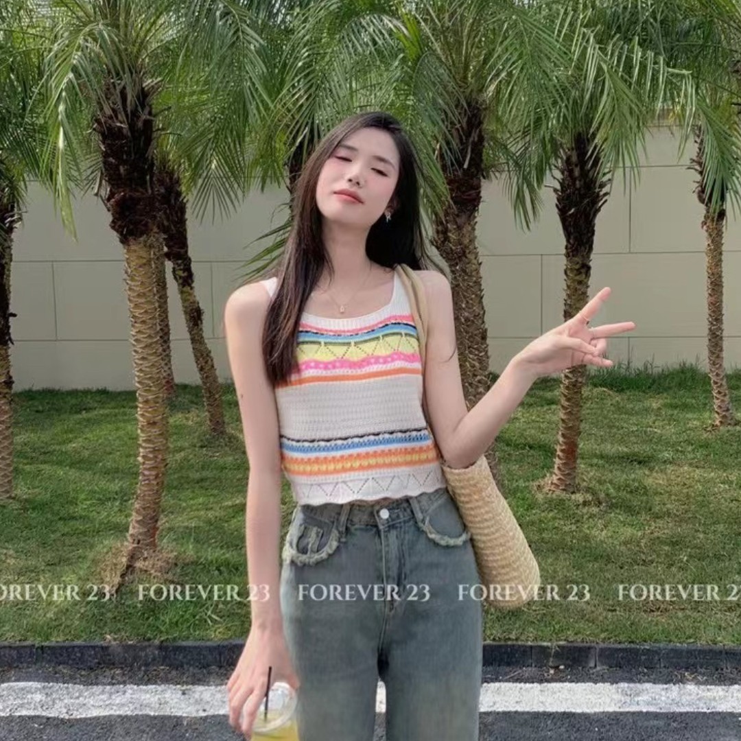 2023 spring and summer rainbow striped knitted camisole women's summer new holiday style seaside top Bohemia