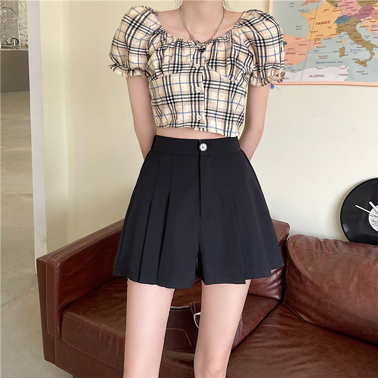 Real price black pleated culottes women's summer new high waist thin student jk shorts a-line skirt skirt
