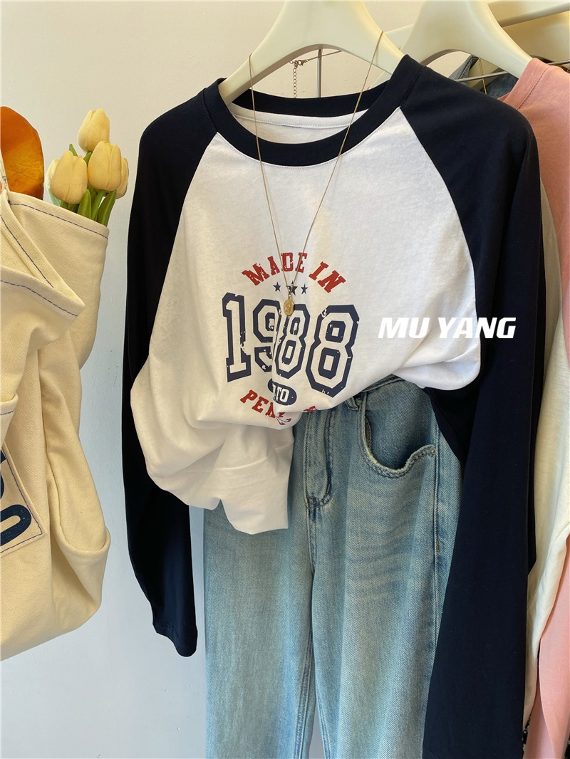 Official picture real price extra large size 300 catties contrast color raglan sleeves digital printing long-sleeved T-shirt women