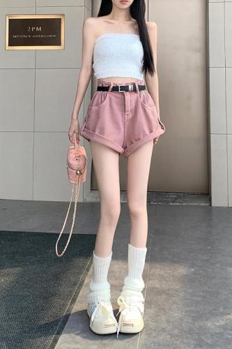 Real price 2023 summer new Korean denim shorts women's high waist slimming long legs rolled wide leg pants