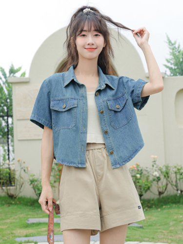 Real shot short-sleeved denim shirt jacket female loose short-sleeved lapel casual Korean shirt niche short top