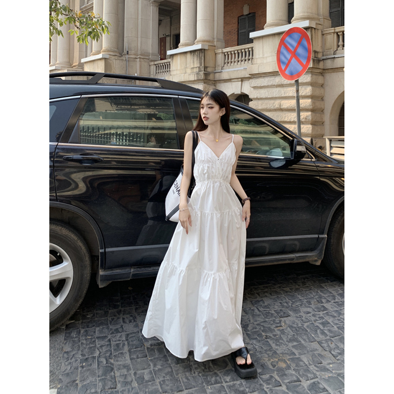 French white fairy skirt suspender skirt seaside holiday dress female slimming summer skirt niche temperament long skirt