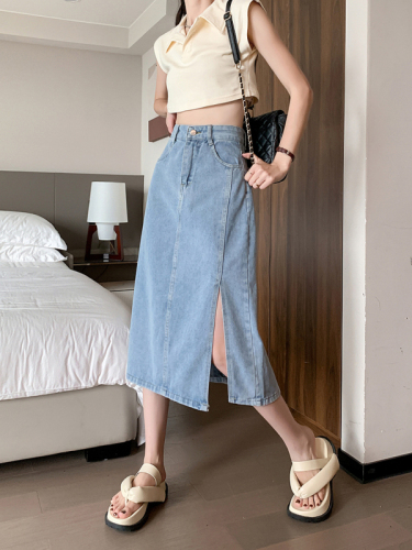 Real price~Slit denim skirt women's 2023 summer new high-waist fashion mid-length skirt with hip skirt