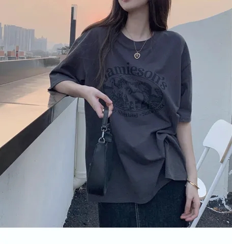 Cotton high-density siro spinning shirt women's large size style American retro high-quality short-sleeved