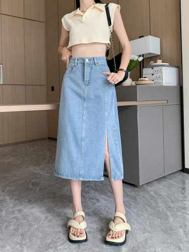 Real price~Slit denim skirt women's 2023 summer new high-waist fashion mid-length skirt with hip skirt