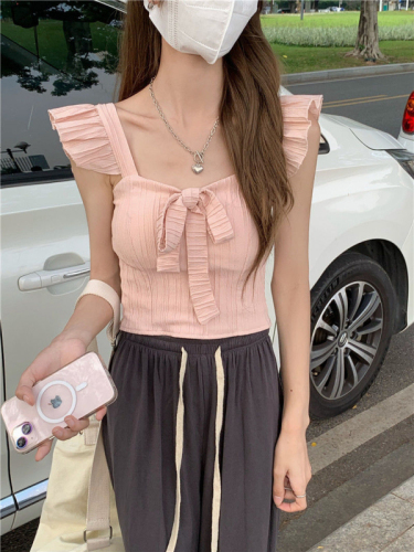 2023 summer Korean style sweet all-match short vest female with bow tie, small flying sleeves and chest pad vest