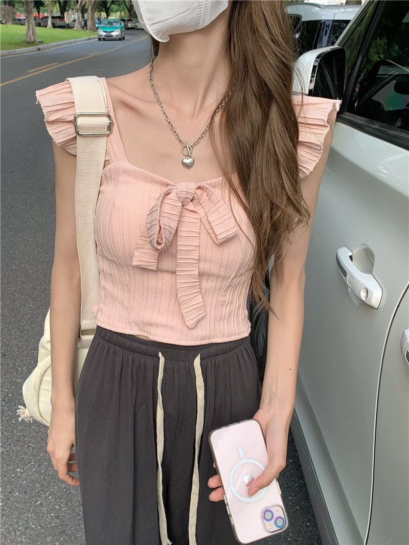 2023 summer Korean style sweet all-match short vest female with bow tie, small flying sleeves and chest pad vest