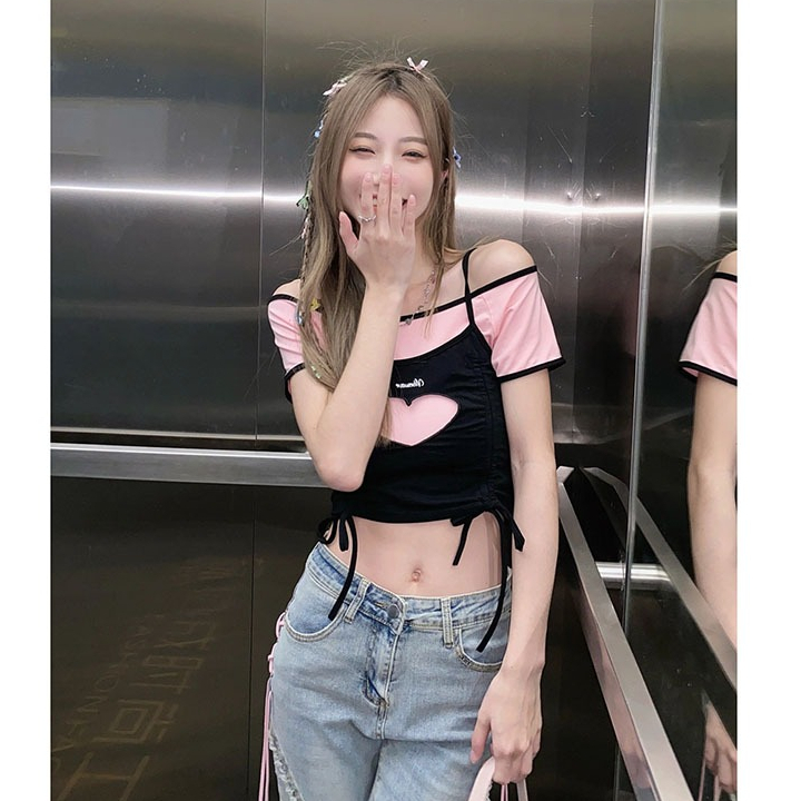 Spot niche design sense ins tide brand sling front shoulder women's t-shirt summer high waist slim short top