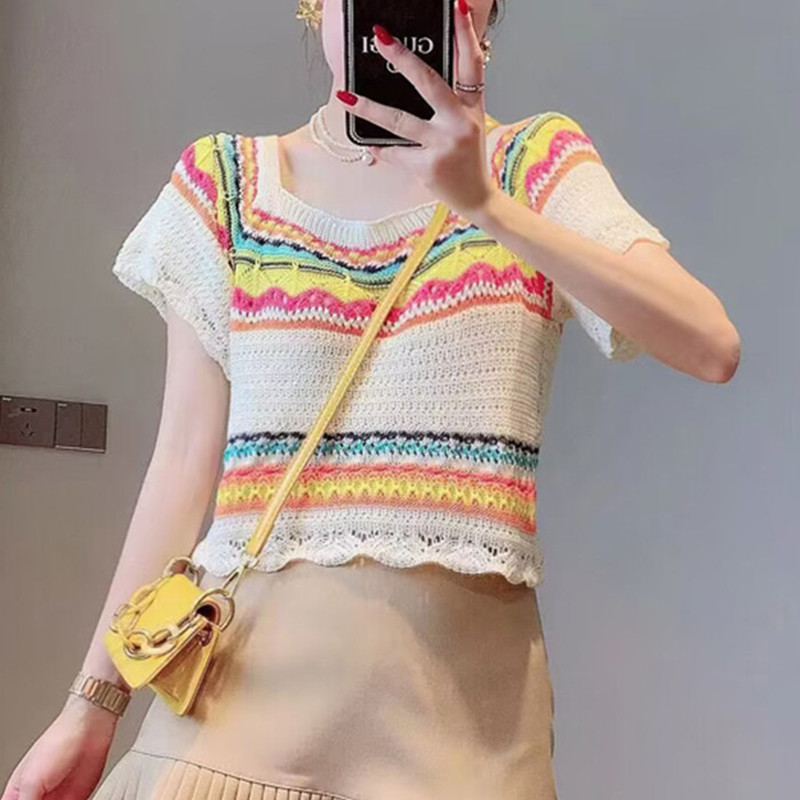 Summer new Xishuangbanna holiday style color contrast striped hollow short-sleeved top women