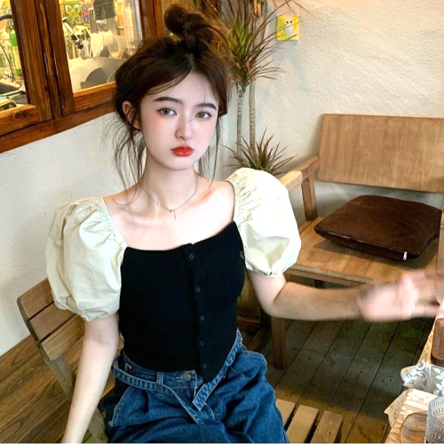  summer new slim design sense French retro square collar collarbone short-sleeved shirt short top women's fashion