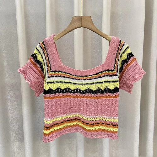 Summer new Xishuangbanna holiday style color contrast striped hollow short-sleeved top women