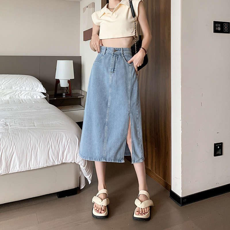 Real price~Slit denim skirt women's 2023 summer new high-waist fashion mid-length skirt with hip skirt