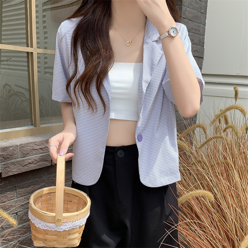 Real shot real price summer new Korean version chic niche design sense lapel temperament fashionable short plaid small suit
