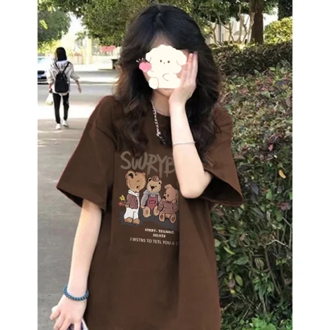 Cotton high-density siro spinning short-sleeved women's shirt pure cotton loose cartoon printing summer women's clothing