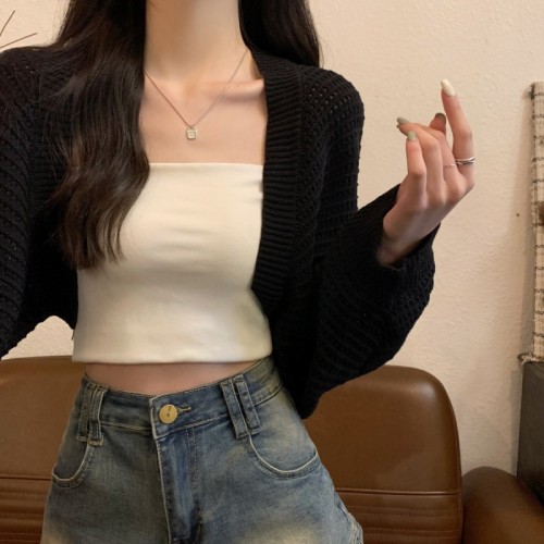 Korean style fashion loose hollow short top cardigan long-sleeved sunscreen sweater women's summer new outerwear