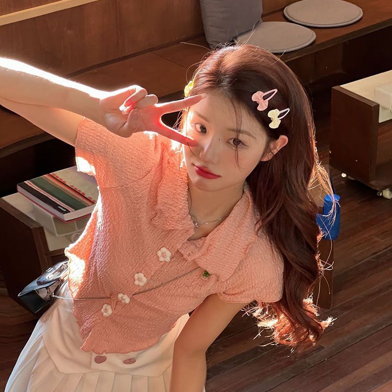 Real shot Doll collar short-sleeved shirt women's summer new irregular sweet cool hot girl wood ear short top