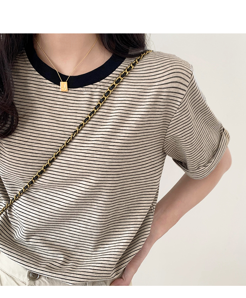 New summer Korean style simple wind striped round neck T-shirt large size women's loose top women's cotton