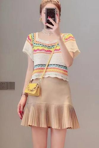 Summer new Xishuangbanna holiday style color contrast striped hollow short-sleeved top women