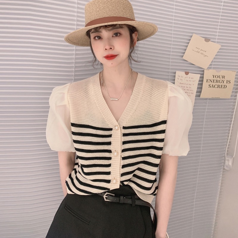 Puff sleeve temperament v-neck high-end stripe color matching short-sleeved summer thin section t-shirt knitted cardigan slimming ice silk top