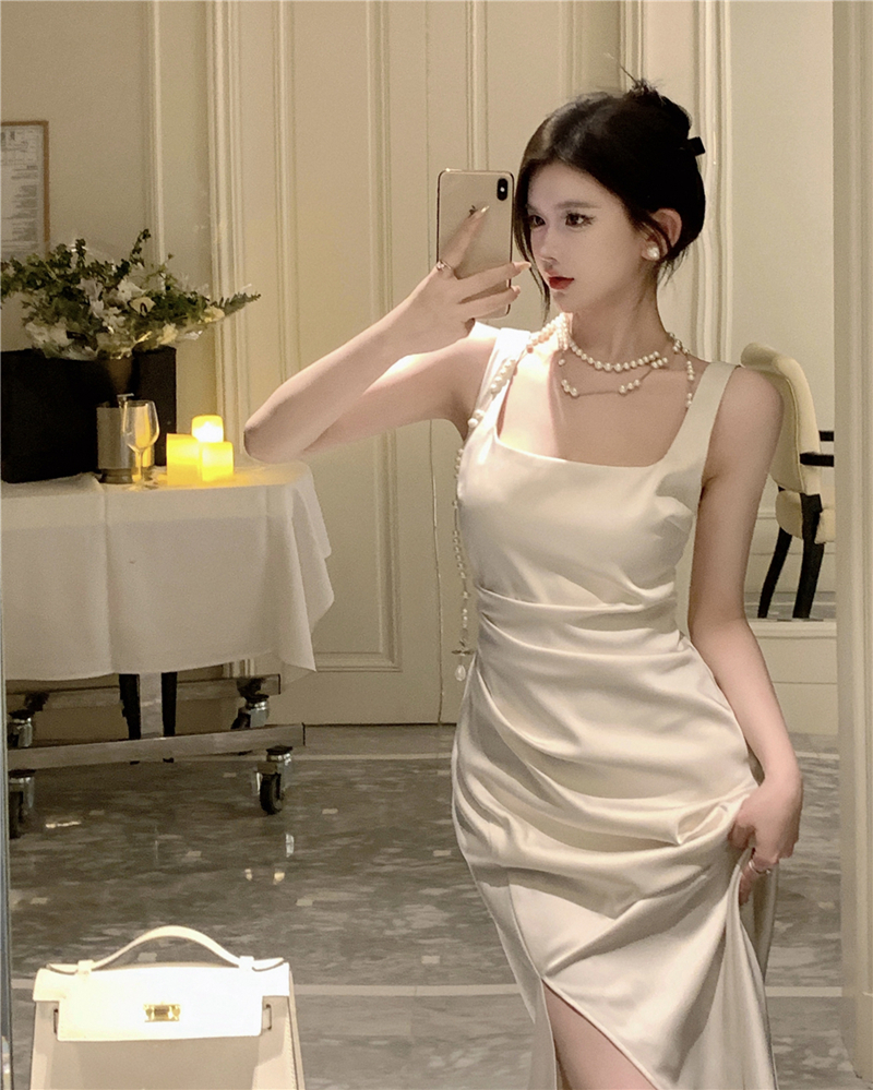 Real shot summer retro sexy waist pleats show thin after wearing suspenders slit dress bag hip skirt female
