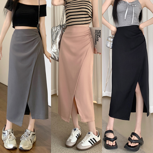 Real shot real price 2022 summer new gray skirt women's mid-length design with irregular bag hip slit skirt