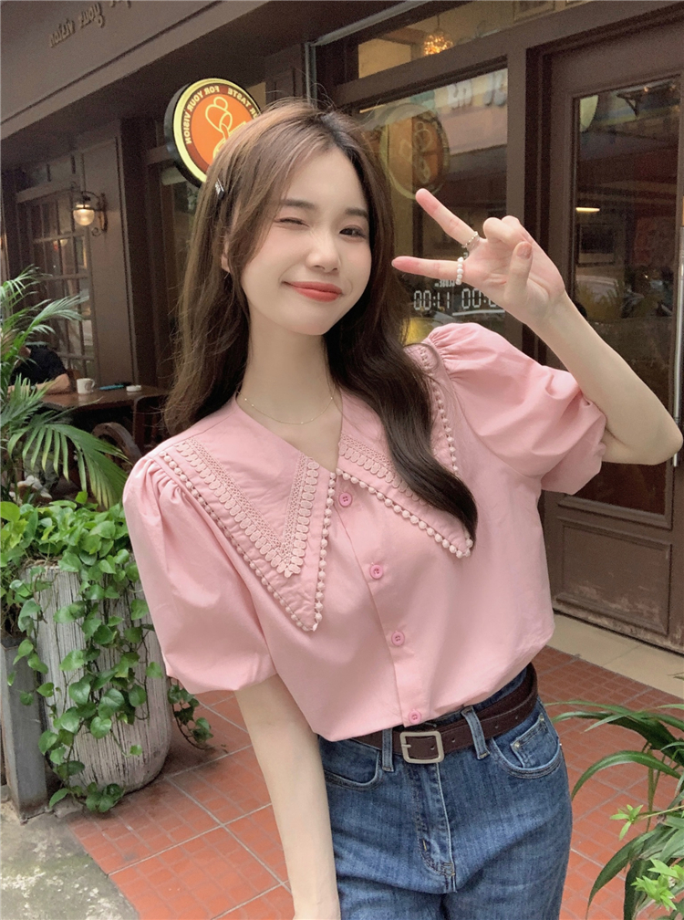Real shot real price pink Korean version small fresh puff sleeve shirt female sweet lace stitching collar single-breasted shirt