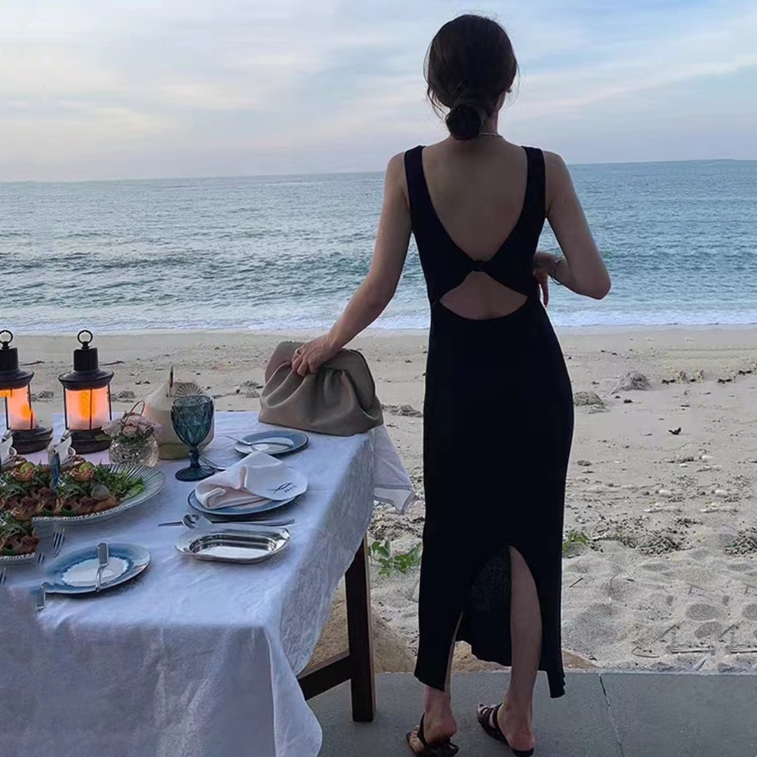 Pure color sleeveless knitted dress open back sexy slim fit hip package high sense vest long skirt women summer