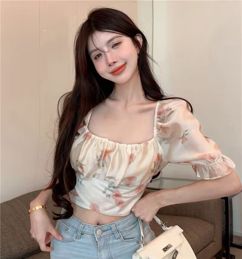 Pure desire sexy one-word strapless floral ruffles short short-sleeved t-shirt female design sense high waist crop top summer