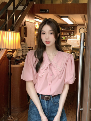 Real shot real price pink Korean version small fresh puff sleeve shirt female sweet lace stitching collar single-breasted shirt