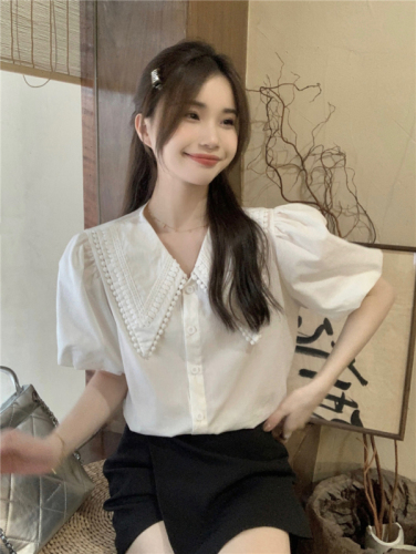 Real shot real price pink Korean version small fresh puff sleeve shirt female sweet lace stitching collar single-breasted shirt
