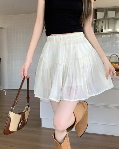Real shot Nett price~Spice girl pearlescent pleated skirt women's high waist anti-light fluffy a-line skirt
