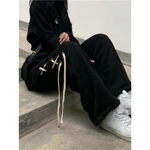 Personalized sweet cool hip-hop wide-leg pants women's spring and autumn Harajuku style large size loose tie niche mopping pants